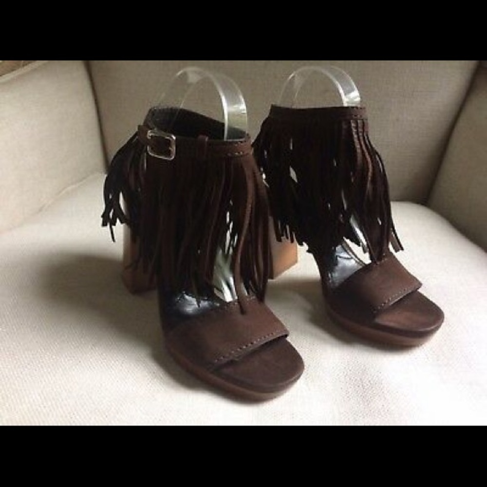 Prada Sandals Ankle Strap Block Fringe Brown Suede